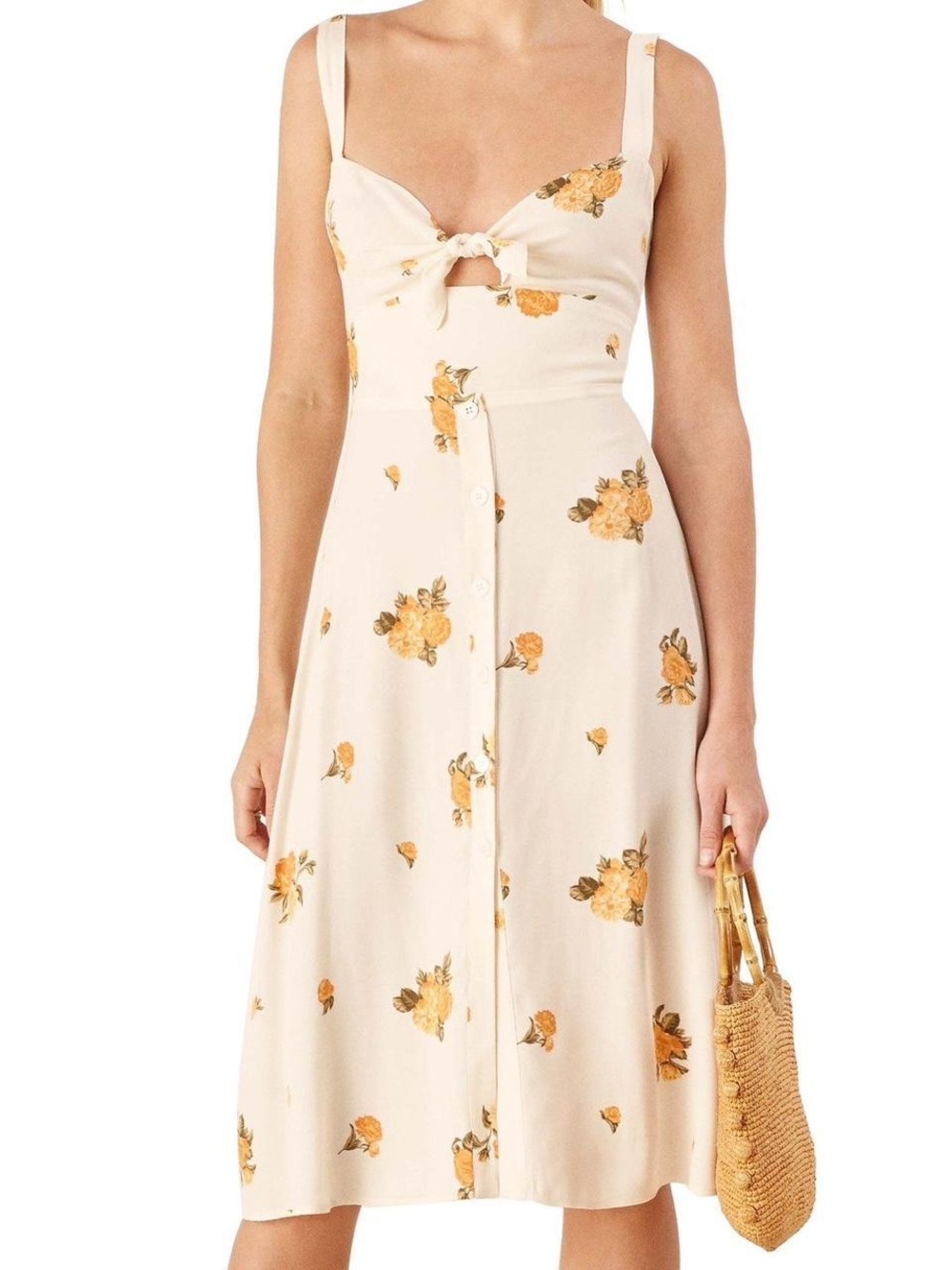 Reformation Cream Floral Midi Dress with Yellow Roses